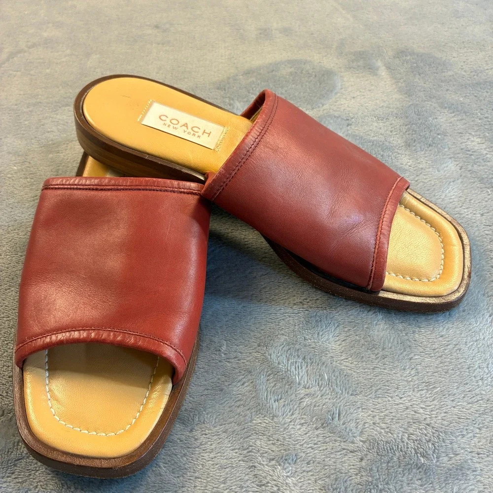 Coach Red Leather Slide Sandals Made in Italy Square Toe Flat Mules Women's 7B